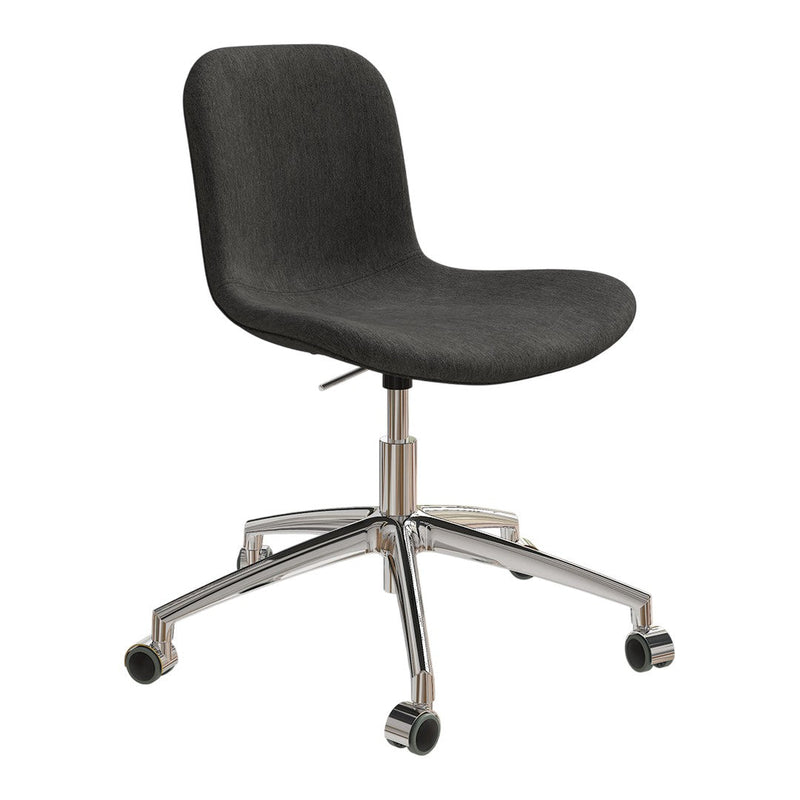 Stylish black upholstered chair on a chrome base, featuring a sleek, minimalist design perfect for modern spaces.