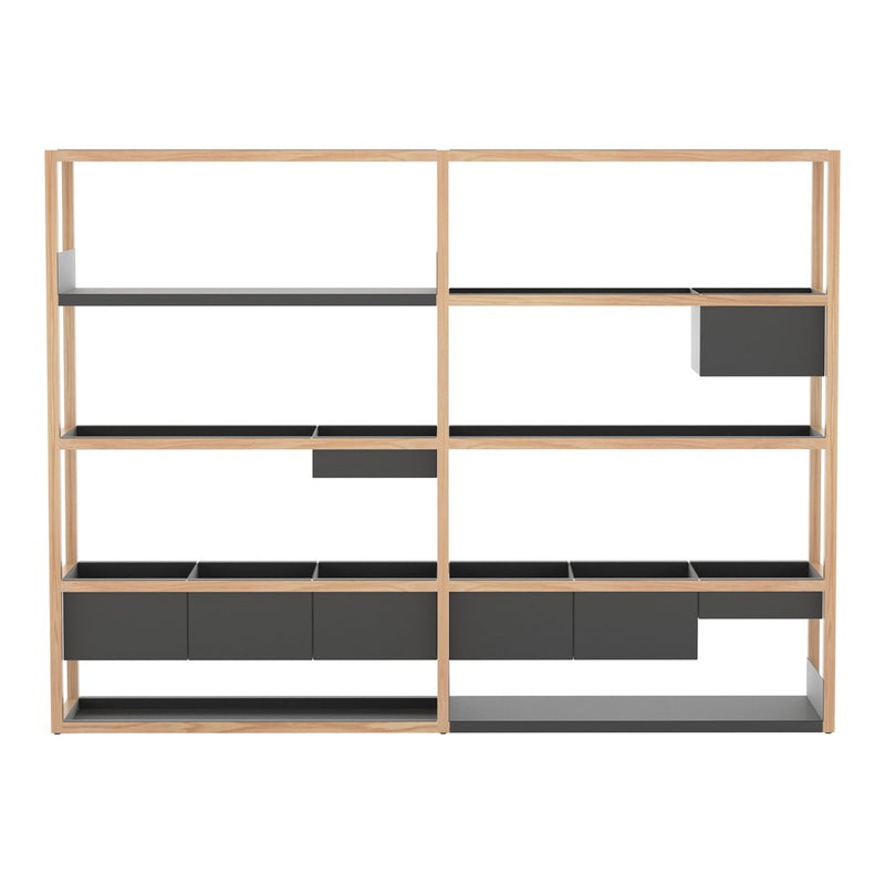 Modern shelving unit with oak frame and black shelves, featuring a combination of solid and open design elements.