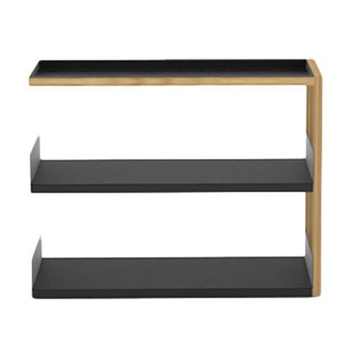 Black and natural bamboo shelf with clean lines and minimalist design, featuring two black shelves and a light wood frame.