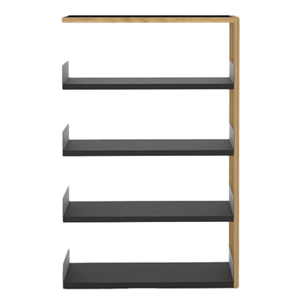 Modern bookshelf in black and natural wood finish, featuring a sleek, minimalist design with clean lines.