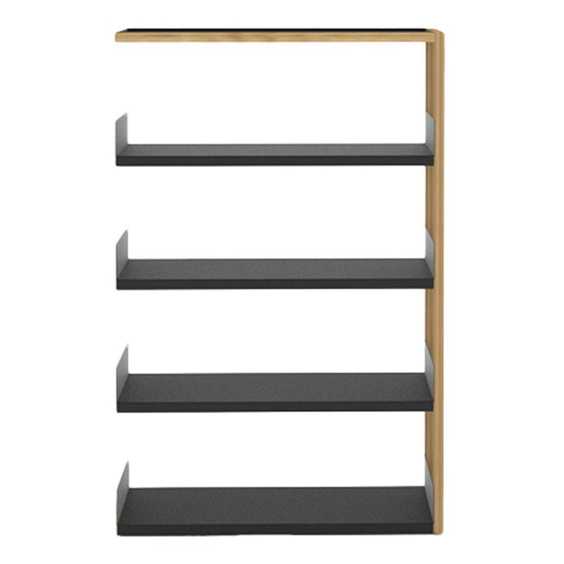 Modern bookshelf in black and natural wood finish, featuring a sleek, minimalist design with clean lines.