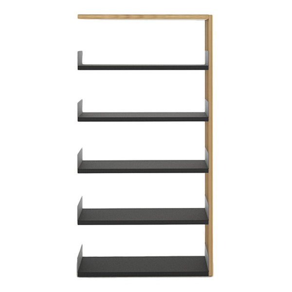 Black shelves with a light wood frame in a modern, minimalist design. Perfect for contemporary spaces.
