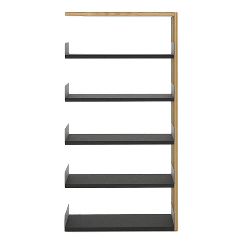 Black shelves with a light wood frame in a modern, minimalist design. Perfect for contemporary spaces.