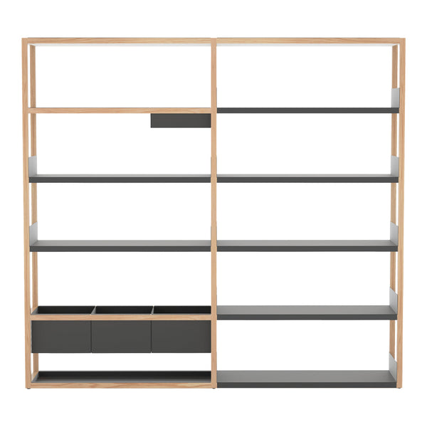 Modern wood and gray shelving unit with open and closed storage, featuring a sleek minimalist design.