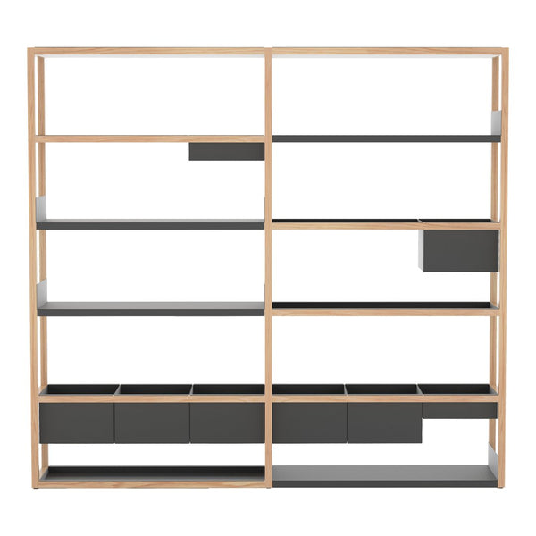 Modern shelving unit with a natural wood frame and sleek gray panels, featuring a minimalist design and open spaces.
