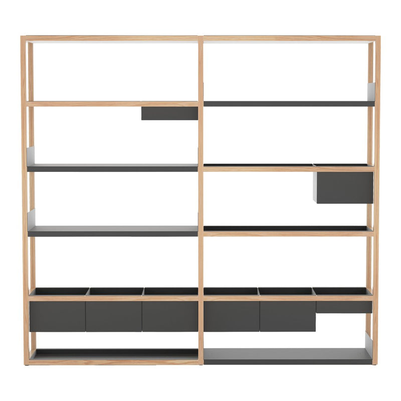 Modern shelving unit with a natural wood frame and sleek gray panels, featuring a minimalist design and open spaces.