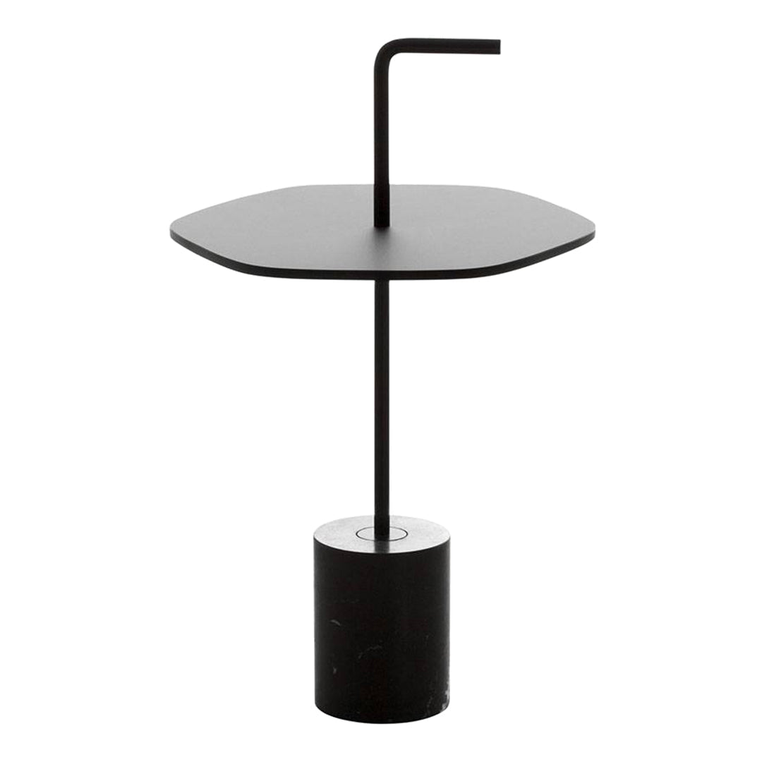 Black modern side table with an octagonal top and cylindrical base, featuring a sleek minimalist design.