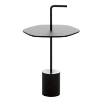 Black modern side table with an octagonal top and cylindrical base, featuring a sleek minimalist design.
