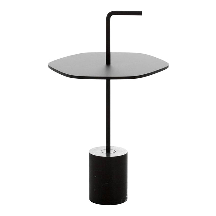 Black modern side table with an octagonal top and cylindrical base, featuring a sleek minimalist design.