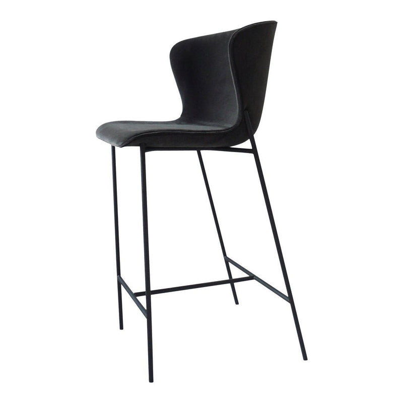 Modern black high chair with sleek curved design and minimalist black metal legs. Ideal for contemporary spaces.