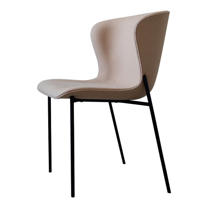 Light beige chair with a smooth, curved design and sleek black metal legs. Minimalist style perfect for modern decor.