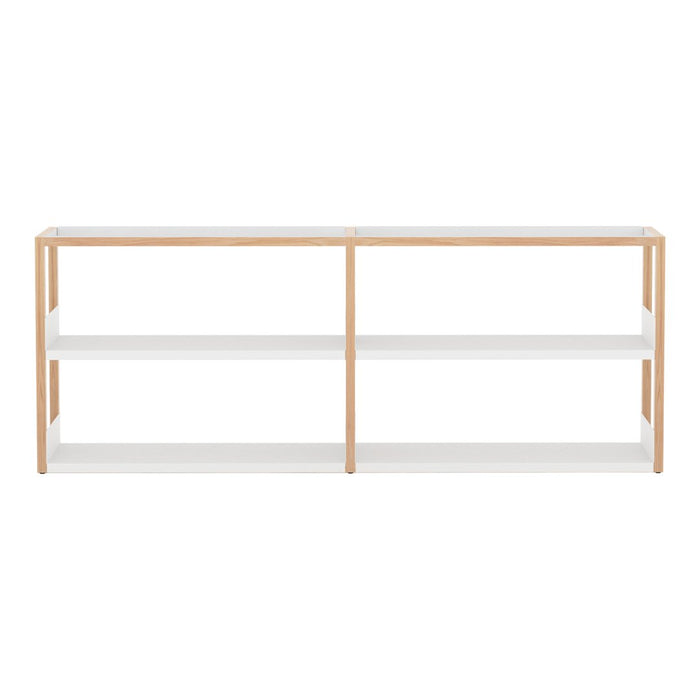 Modern white shelf with natural wooden frame, featuring a sleek, minimalistic design and clean lines.