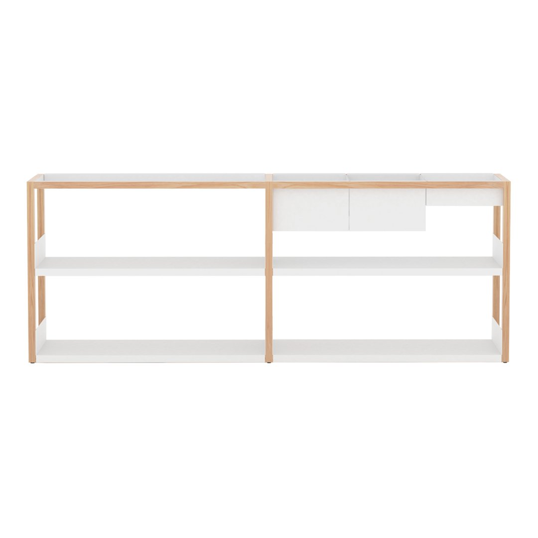 Modern white sideboard with natural wood accents, featuring minimalistic design and clean lines. Ideal for contemporary decor.