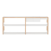 Modern white sideboard with natural wood accents, featuring minimalistic design and clean lines. Ideal for contemporary decor.
