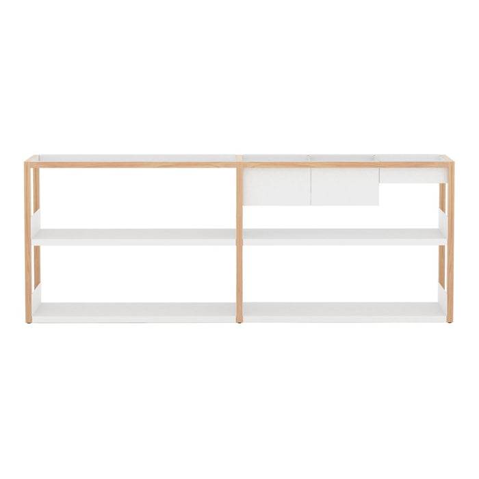 Modern white sideboard with natural wood accents, featuring minimalistic design and clean lines. Ideal for contemporary decor.