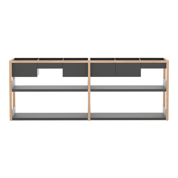 Modern light wood console with gray drawers and shelves, featuring a sleek, minimalist design.
