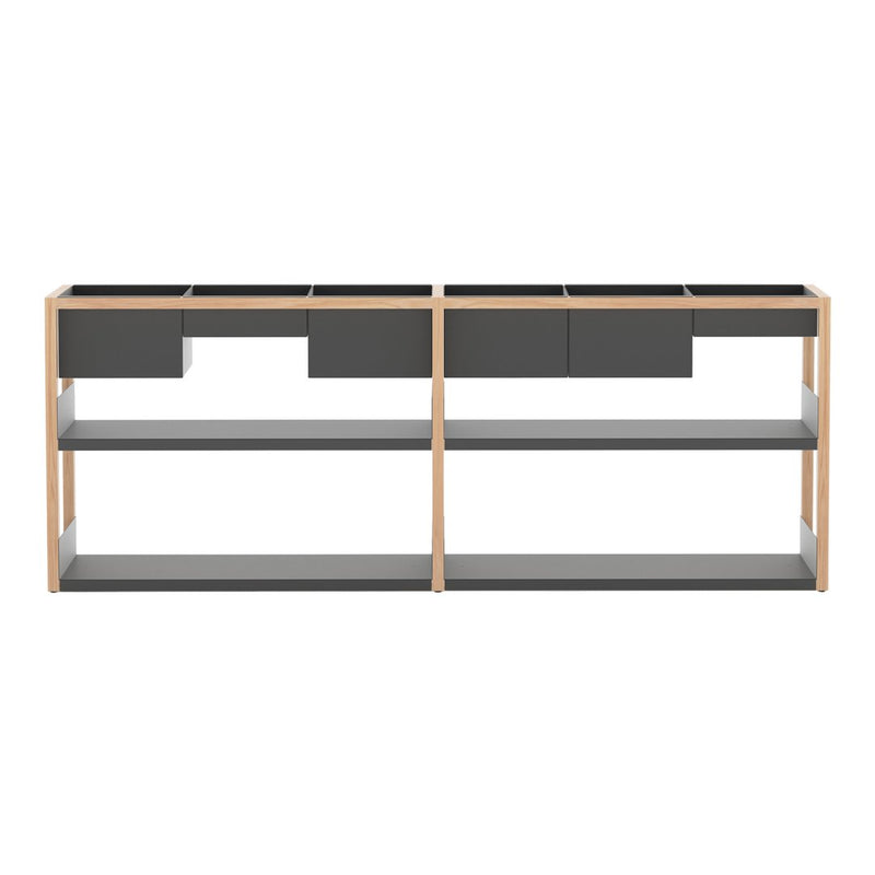 Modern light wood console with gray drawers and shelves, featuring a sleek, minimalist design.