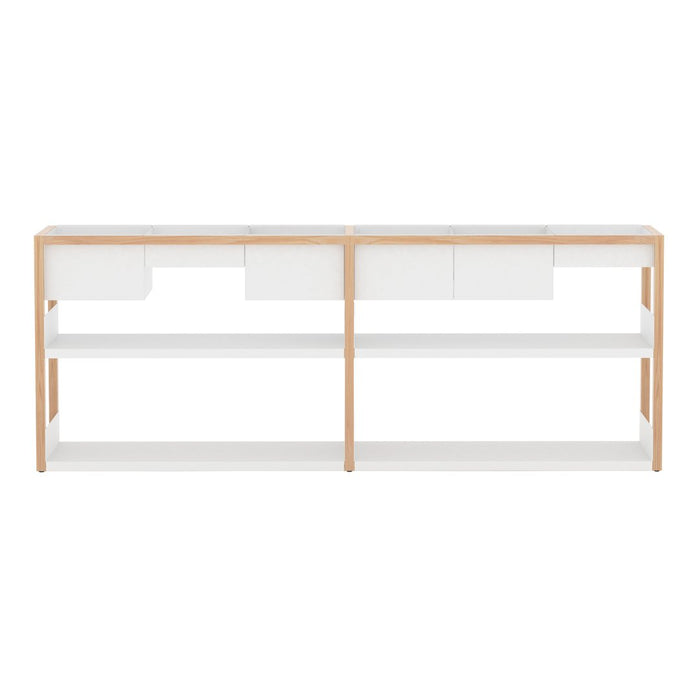 White and natural wood console table with minimalist design and sleek lines, featuring two open shelves and drawers.