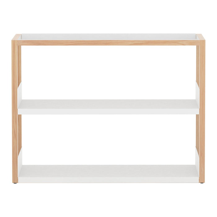 Modern console table with light wood frame and white shelves, featuring a sleek, minimalist design.