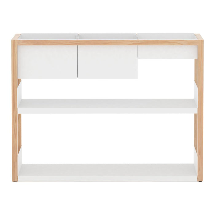 Modern console table with a light wood frame and sleek white drawers and shelves, featuring a minimalist design.