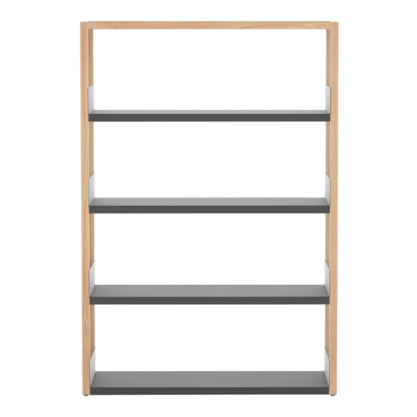 Wooden bookshelf with a light beige frame and four sleek, gray shelves. Modern design with clean lines.