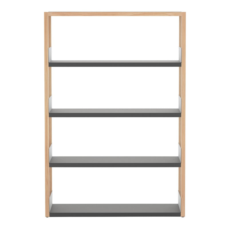 Wooden bookshelf with a light beige frame and four sleek, gray shelves. Modern design with clean lines.