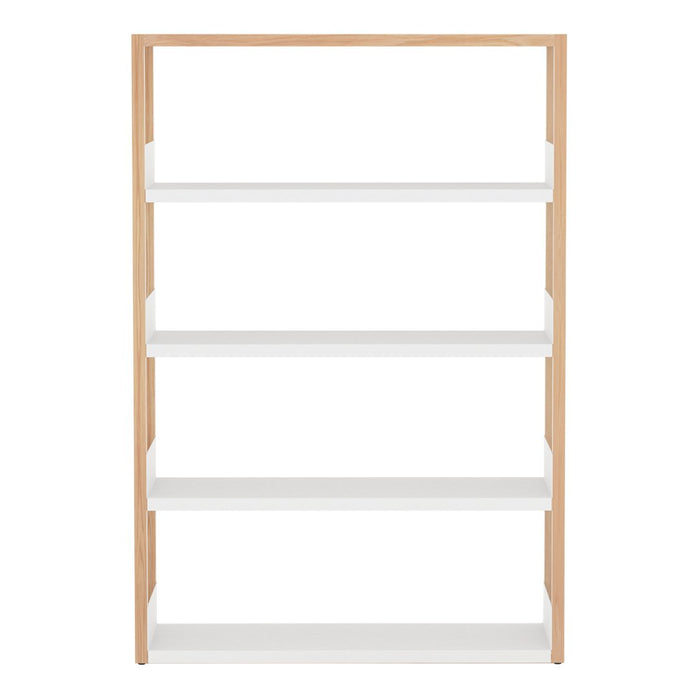 Wooden shelf unit with a natural wood frame and sleek white shelves for a modern, minimalist look.