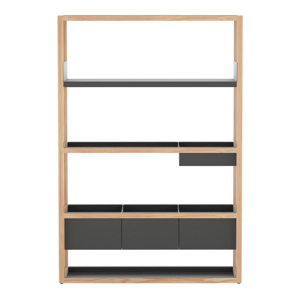 Natural wood frame with sleek gray shelves and drawers, featuring a minimalist design and modern aesthetics.