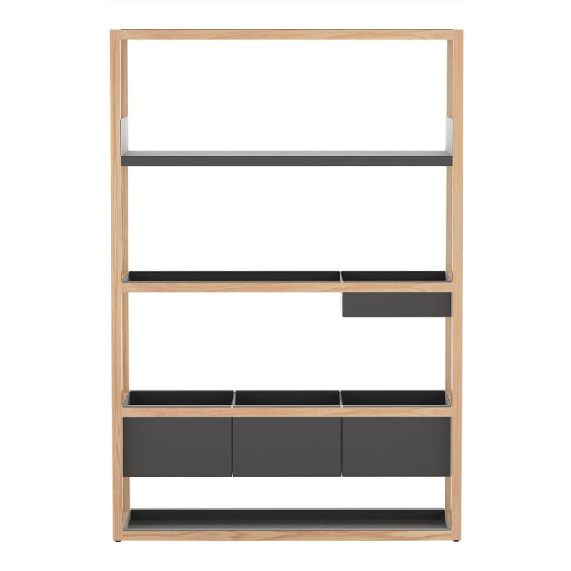Natural wood frame with sleek gray shelves and drawers, featuring a minimalist design and modern aesthetics.