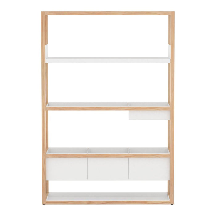 Modern wooden bookshelf with a light natural wood frame and sleek white shelves. Minimalist design highlights clean lines.