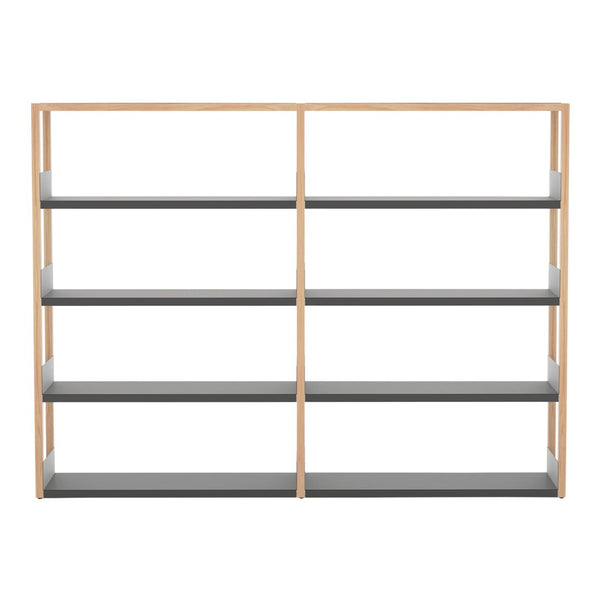 Wooden shelf unit with a natural wood frame and six sleek gray shelves, offering a modern and minimalist design.