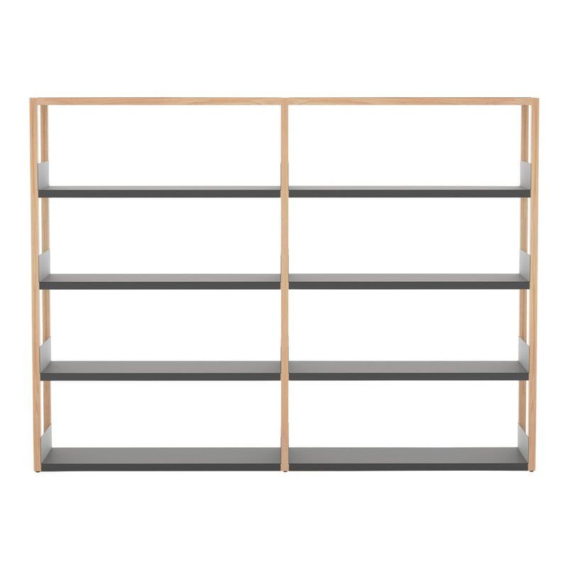 Wooden shelf unit with a natural wood frame and six sleek gray shelves, offering a modern and minimalist design.