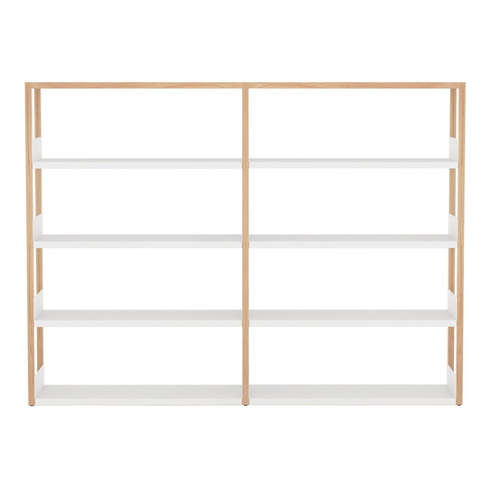 Modern bookshelf with a natural wood frame and white shelves, featuring a minimalist design and sleek lines.