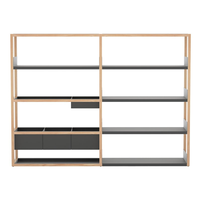 Modern shelving unit in light wood and charcoal gray, featuring open and closed storage spaces. Elegant minimalist design.