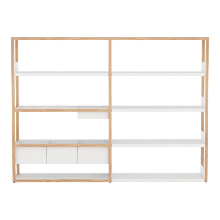 Modern wooden bookshelf with a light oak frame and sleek white shelves. Minimalist design adds elegance to any space.