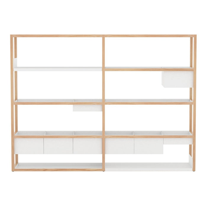 Modern shelving unit features natural wood and sleek white panels for a stylish, contemporary look.