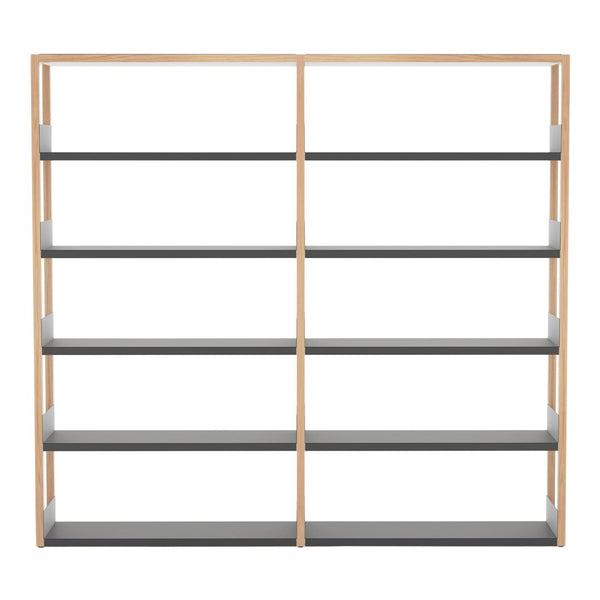 Wooden bookshelf with a light wood frame and dark gray shelves, featuring a modern, minimalist design.
