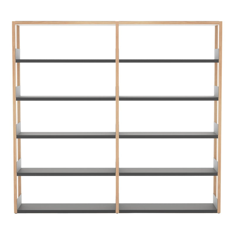 Wooden bookshelf with a light wood frame and dark gray shelves, featuring a modern, minimalist design.