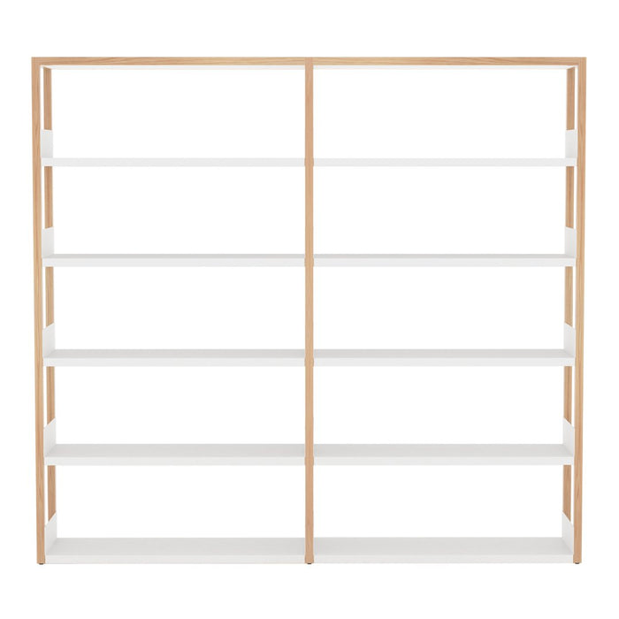 White shelving unit with natural wood accents, featuring a minimalist design and seven spacious shelves.