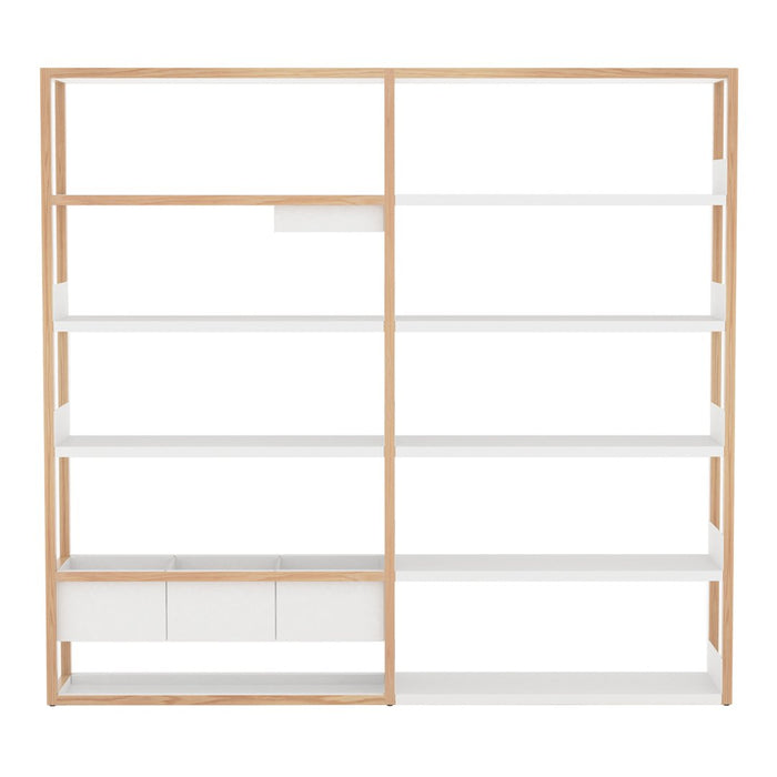 Modern white and natural wood bookshelf with clean lines and spacious shelving. Elegant minimalistic design.