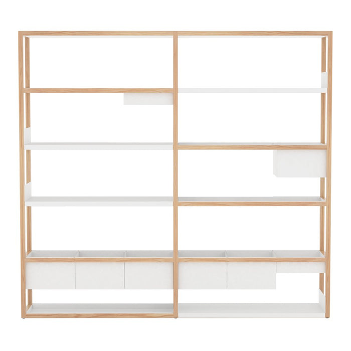 Modern white shelving unit with natural wood frame, featuring clean lines and a minimalistic design.