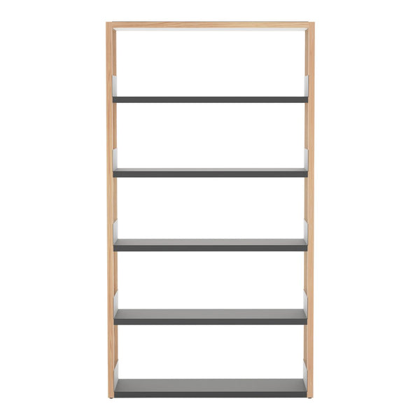 Light wood frame with five shelves in a sleek gray finish, showcasing a modern, minimalist design.