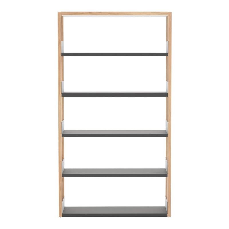 Light wood frame with five shelves in a sleek gray finish, showcasing a modern, minimalist design.
