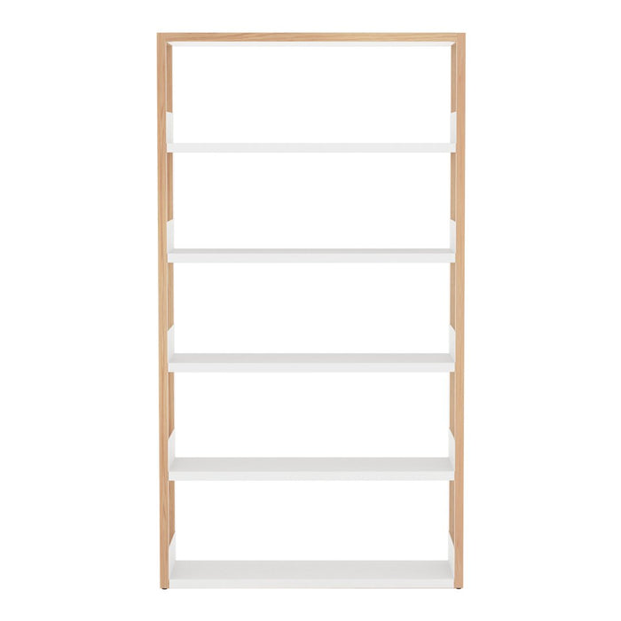 Minimalist tall bookshelf with a natural wood frame and five sleek white shelves, perfect for modern decor.