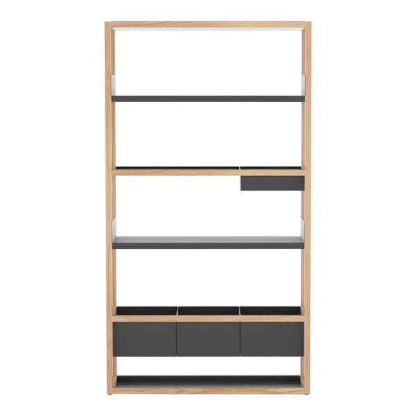 Modern shelving unit featuring a natural wood frame with gray shelves and dark gray drawer accents.