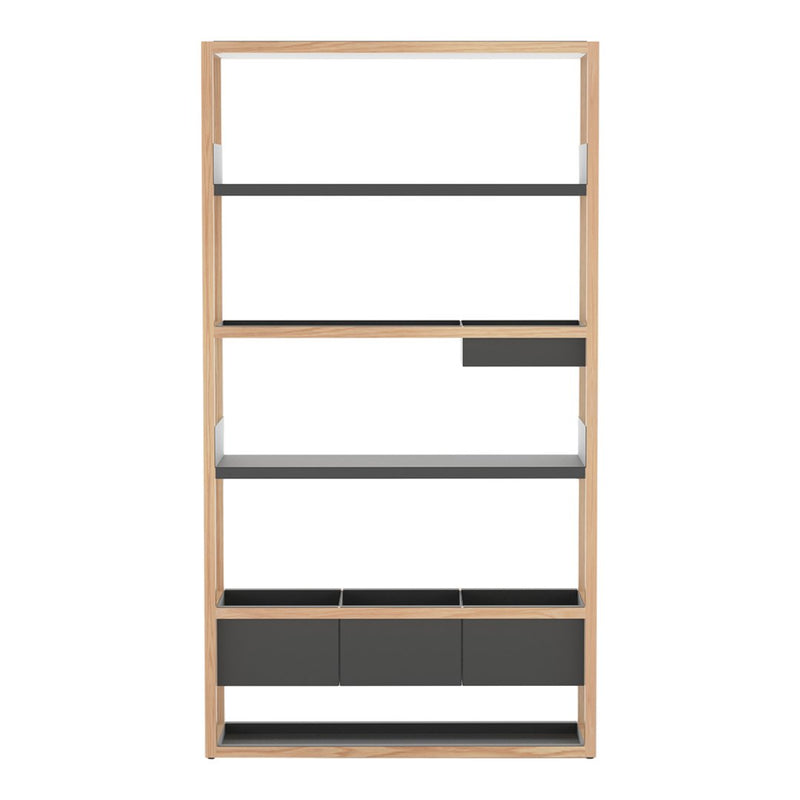 Modern shelving unit featuring a natural wood frame with gray shelves and dark gray drawer accents.