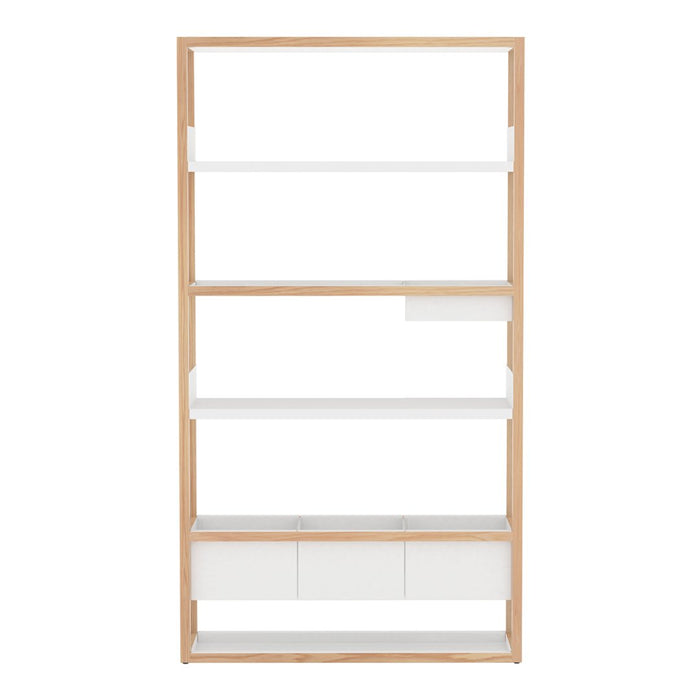 Natural wood frame with white shelves, featuring a minimalist, modern design and clean lines. Perfect for any decor.