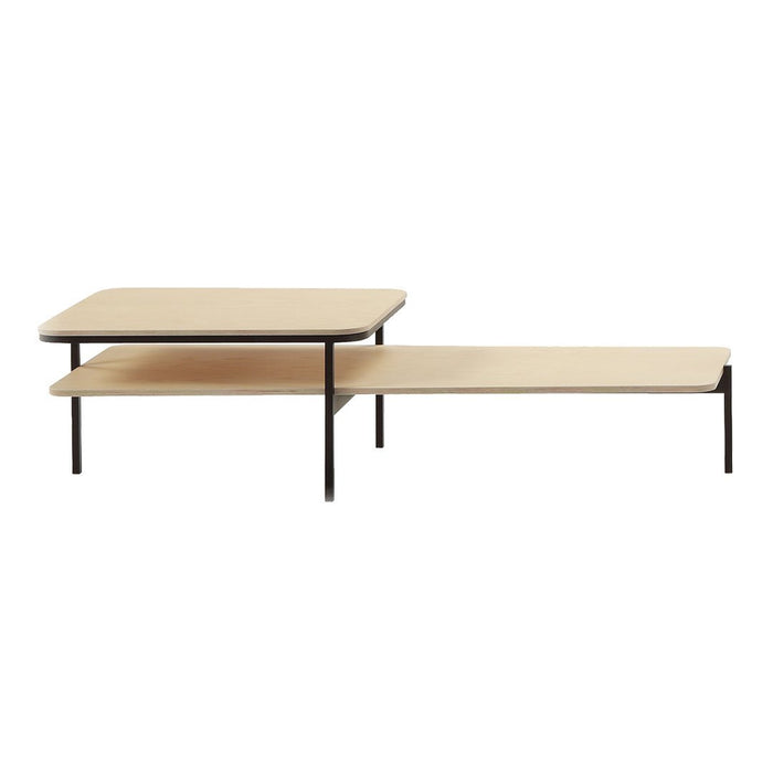 Natural wood finish with a sleek black metal frame, featuring a minimalist design and smooth surfaces.