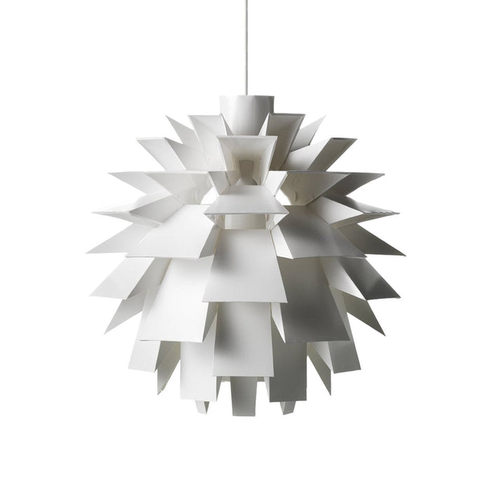 White geometric pendant light with a spiky, layered design, featuring a modern and sleek aesthetic. Perfect for contemporary decor.