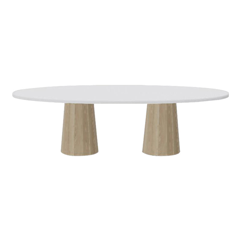 Modern oval coffee table with a smooth white top and natural wood textured legs. Minimalist design for contemporary decor.